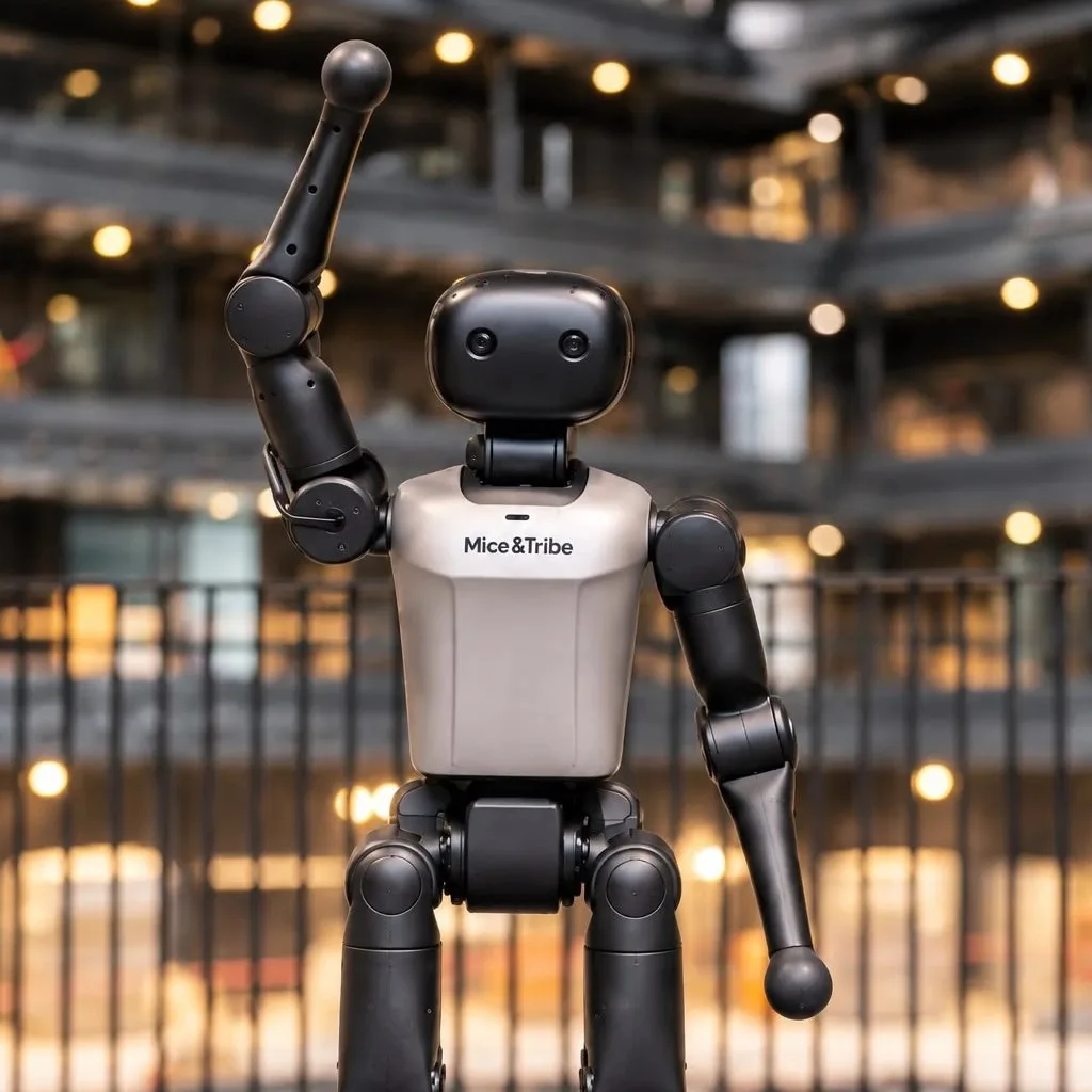 De humanoïde robot van Mice & Tribe zwaait in een atrium