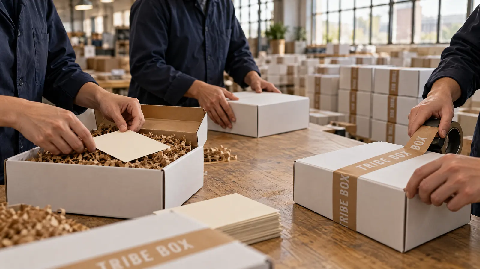 Handen die witte Tribe Boxen vullen en dichtkleven aan een lange werkbank