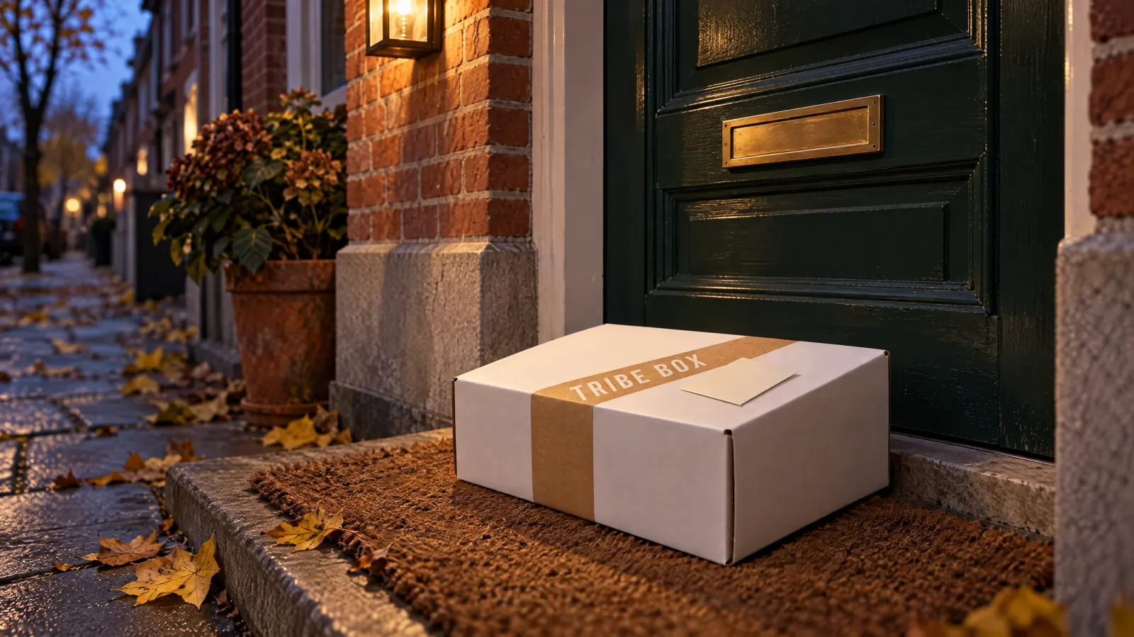 Een Tribe Box op een deurmat voor een groene voordeur, op een herfstavond
