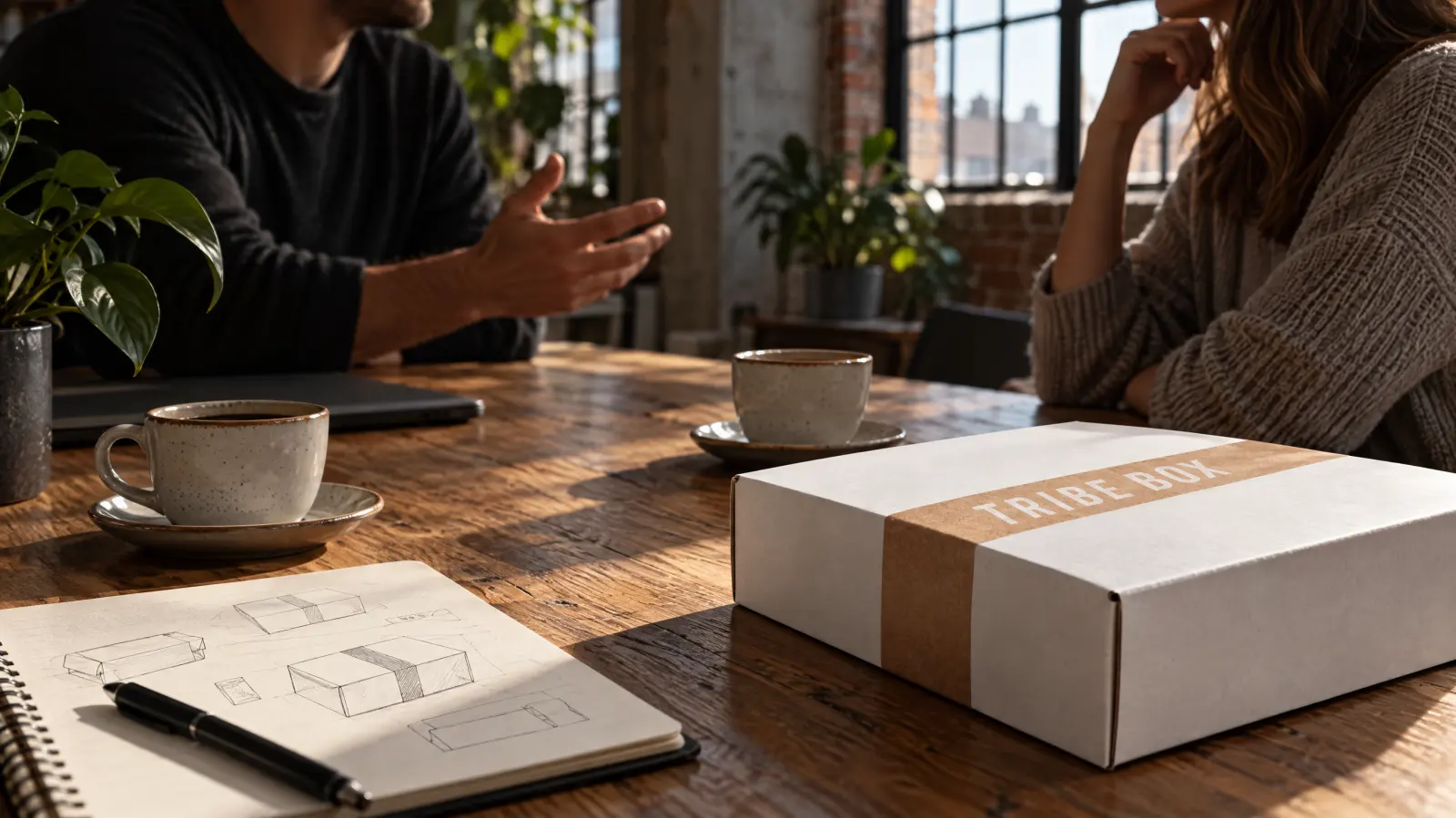 Twee mensen in gesprek aan een houten tafel met koffie, een schetsboek en een gesloten Tribe Box