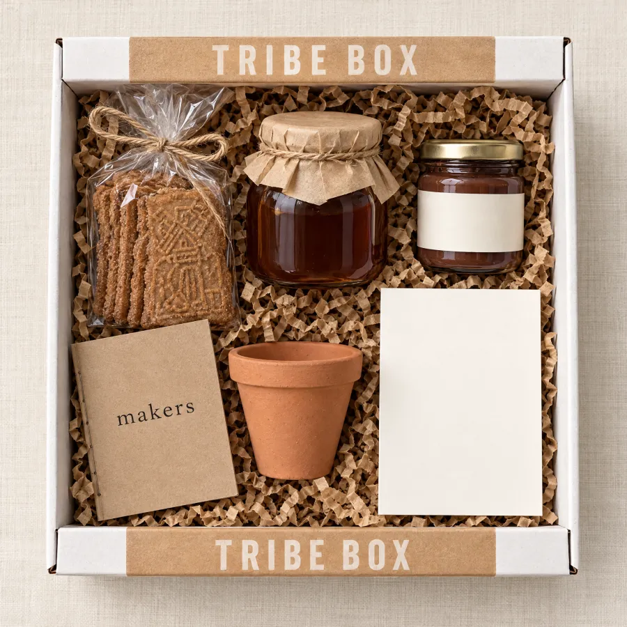 Van boven: de box Van Hier met speculaas, stroop, smeerchoco, een makersboekje en een kaartje